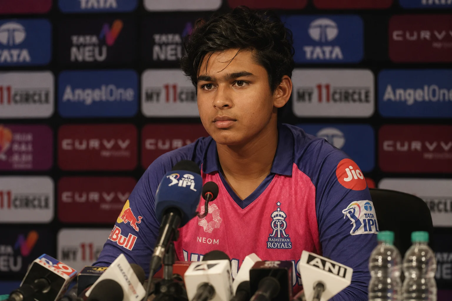 Vaibhav Sooryavanshi attends a press conference wearing a Rajasthan Royals jersey with microphones in front of him.