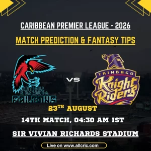 Antigua and Barbuda Falcons vs Trinbago Knight Riders Match 14 CPL 2026 prediction and fantasy tips graphic featuring both team logos at Sir Vivian Richards Stadium.
