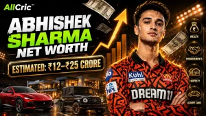 Abhishek Sharma net worth 2026 graphic showing his estimated ₹12–25 crore wealth, Sunrisers Hyderabad career, luxury cars, property and endorsements.