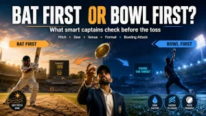Bat first ya bowl first cricket decision infographic, jahan captain toss ke time pitch, dew, venue, format aur bowling attack ko compare karke sahi strategy choose karta dikhaya gaya hai.