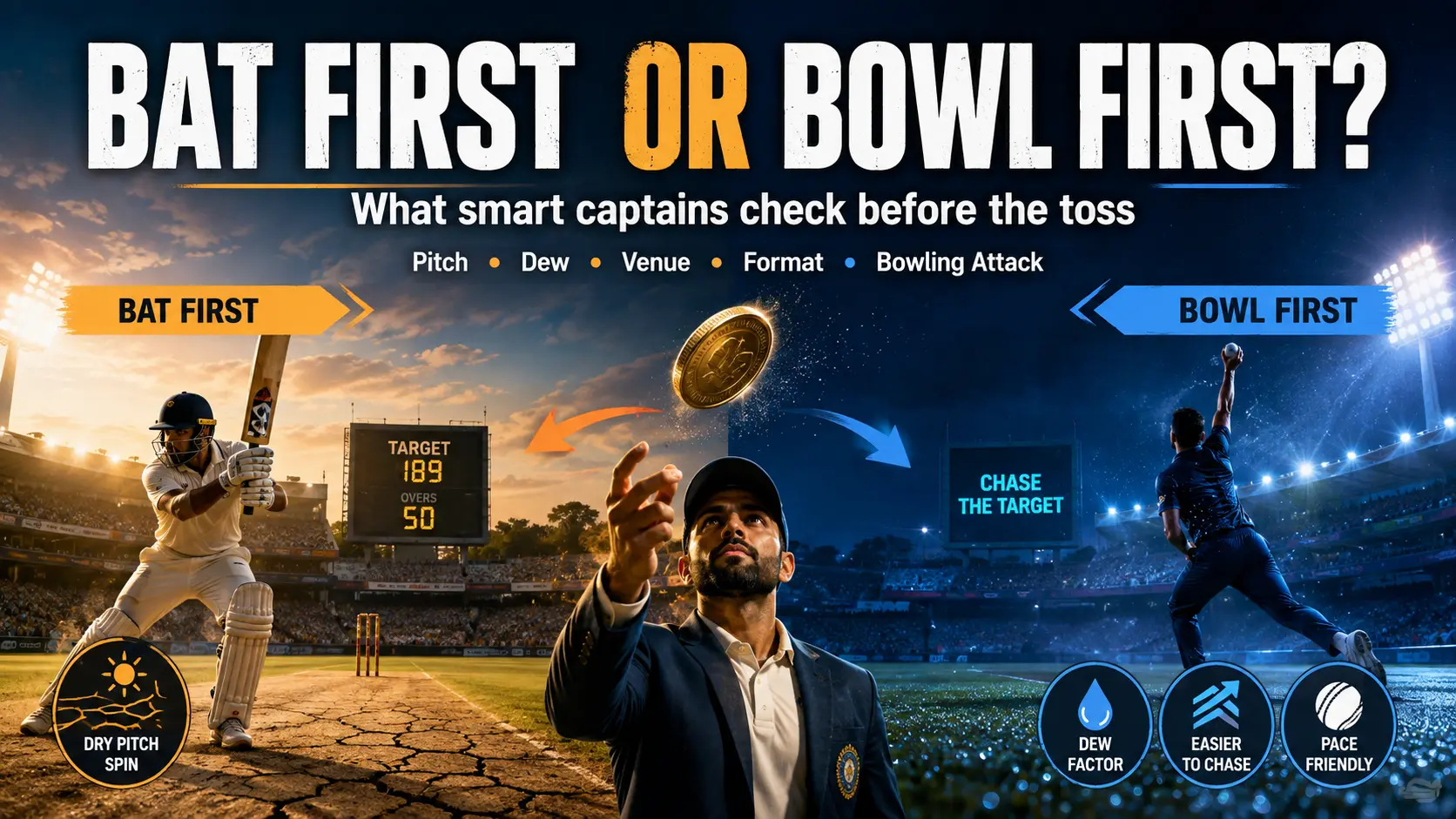 Bat first ya bowl first cricket decision infographic, jahan captain toss ke time pitch, dew, venue, format aur bowling attack ko compare karke sahi strategy choose karta dikhaya gaya hai.