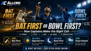 Bat first or bowl first in cricket graphic showing a captain at the toss, batting and bowling scenarios, and format-based strategy for Tests, ODIs and T20s.