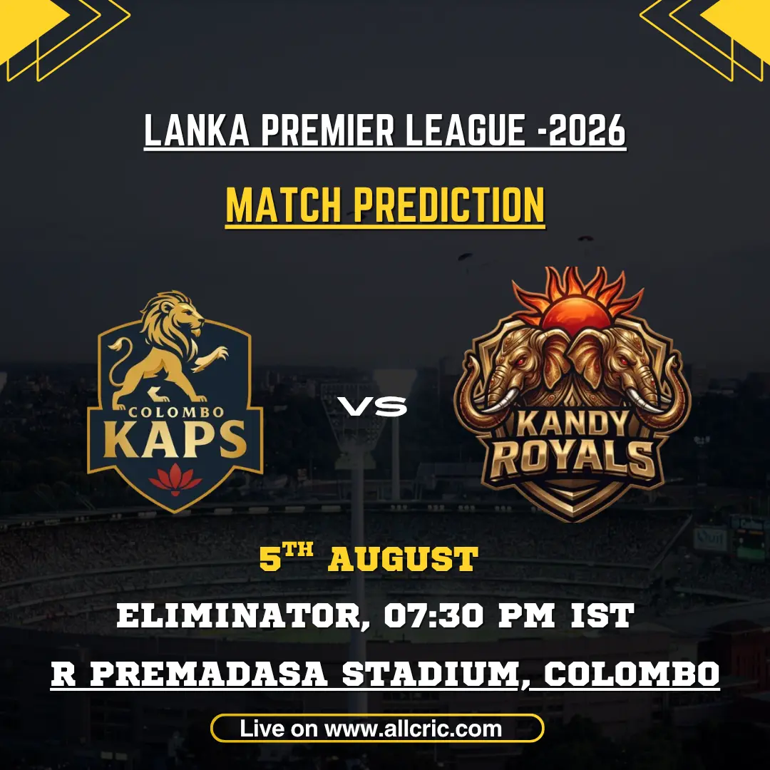 CK vs KR today match prediction graphic for Colombo Kaps vs Kandy Royals in the LPL 2026 Eliminator at R. Premadasa Stadium, Colombo.