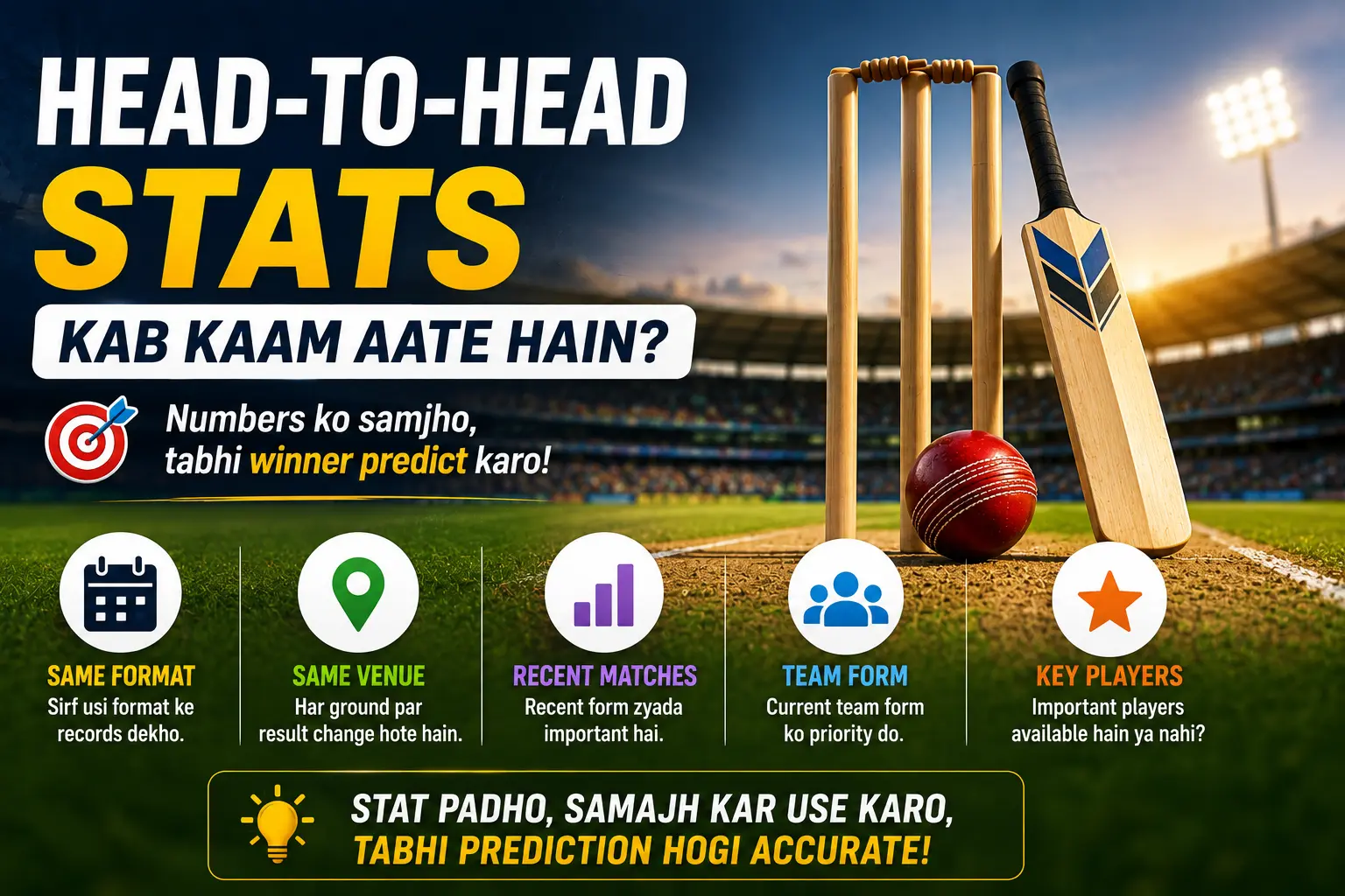 Head-to-head cricket stats graphic showing ki accurate match prediction ke liye same format, same venue, recent matches, current team form aur key player matchups ko consider karna chahiye, sirf all-time record ko nahi.