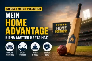 Cricket match prediction graphic jo dikhata hai ki home advantage mein familiar conditions, crowd support, suited pitches aur proven home edge kitna matter karte hain, especially Test cricket mein.