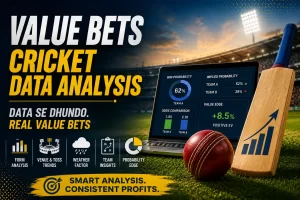 Value bets cricket data analysis graphic showing win probability, odds comparison, positive EV, and key factors such as form, venue, toss, weather, and team insights.