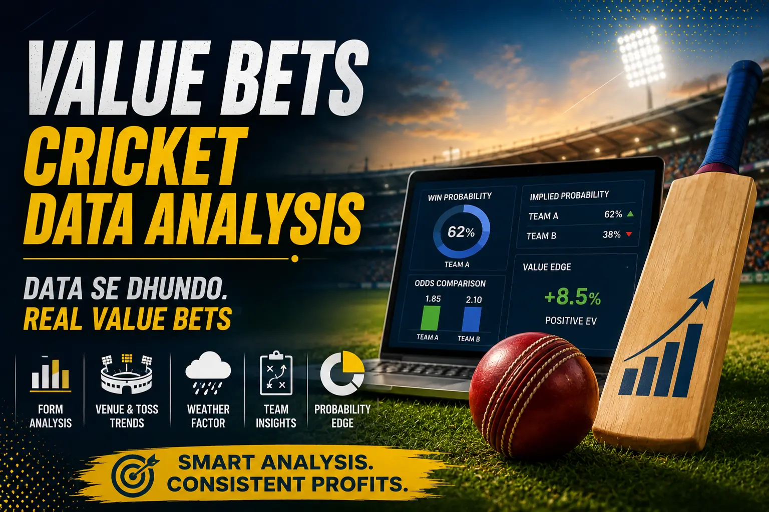 Value bets cricket data analysis graphic showing win probability, odds comparison, positive EV, and key factors such as form, venue, toss, weather, and team insights.