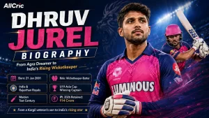Dhruv Jurel biography graphic highlighting the India and Rajasthan Royals wicketkeeper-batter, his ₹14 crore IPL 2026 retention, U19 Asia Cup captaincy and maiden Test century.
