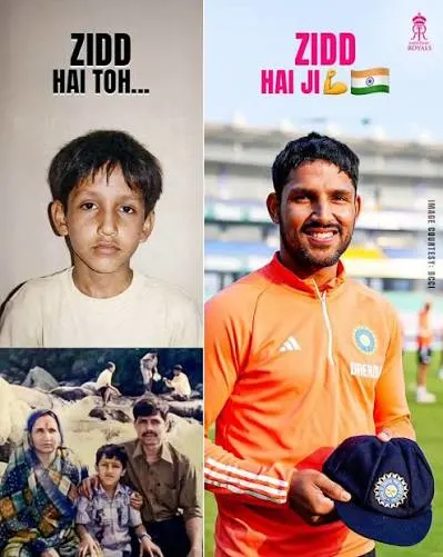 Dhruv Jurel childhood-to-cricket journey collage showing his early family years and rise to representing India as a wicketkeeper-batter.