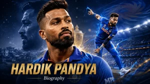 Hardik Pandya biography graphic showing the Indian all-rounder in India’s blue jersey alongside his right-arm bowling action in a packed cricket stadium.