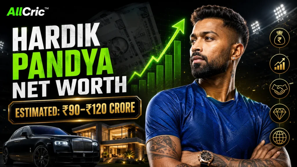 Hardik Pandya net worth 2026 graphic showing an estimated ₹90–₹120 crore wealth, luxury car, house and rising income chart.
