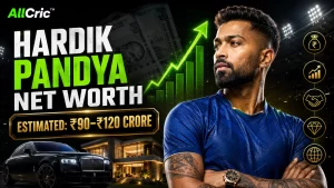 Hardik Pandya net worth 2026 graphic showing an estimated ₹90–₹120 crore wealth, luxury car, house and rising income chart.
