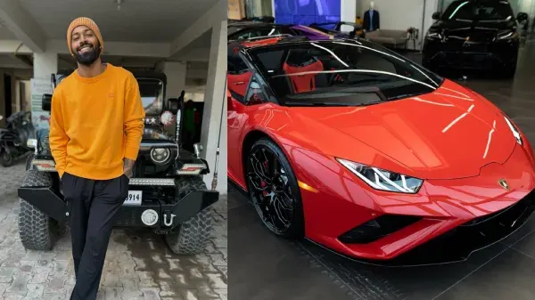 Hardik Pandya posing beside luxury cars, including a red sports car and a modified SUV.