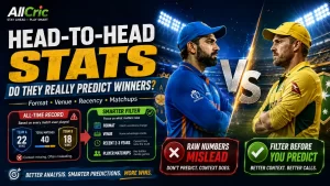 Head-to-head cricket stats prediction graphic showing India vs Australia, comparing misleading all-time records with smarter filters such as format, venue, recent form, sample size, and player matchups.