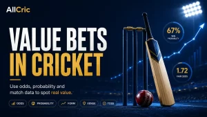 Value bets in cricket graphic explaining how odds, implied probability, recent form, venue, toss and match data can help identify when market prices may not reflect the true win probability.