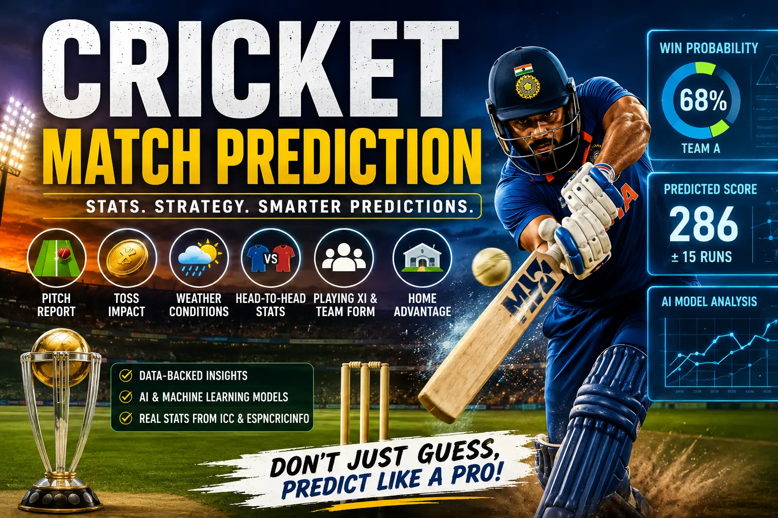 Cricket match prediction graphic showing an Indian batter alongside win probability, predicted score, pitch report, toss impact, weather, head-to-head stats, playing XI and AI analysis.