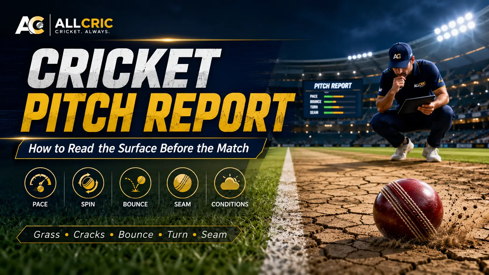 Cricket pitch report infographic explaining how to read grass, cracks, pace, spin, bounce, seam and weather conditions before a cricket match.