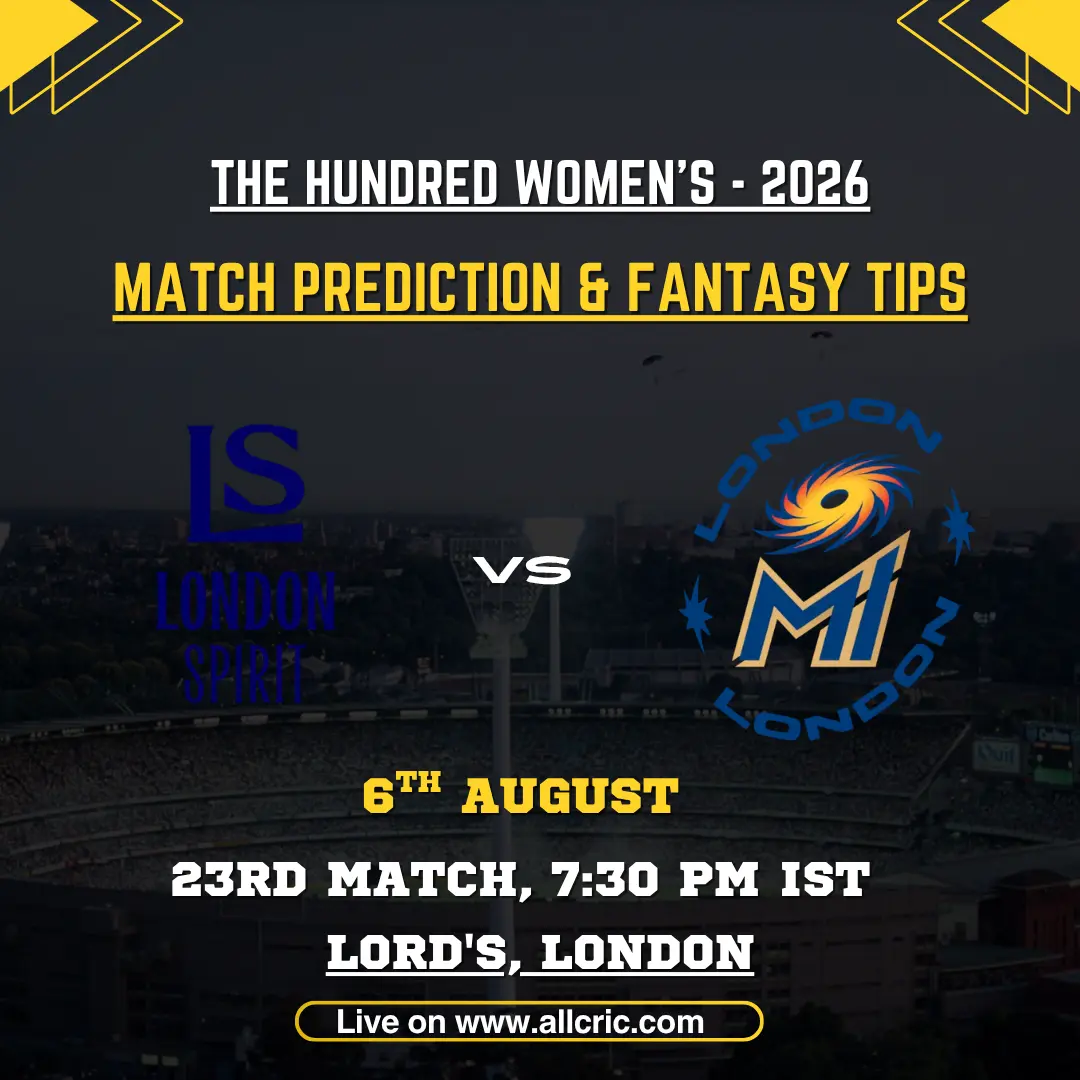 LNS-W vs ML-W Dream11 prediction today match graphic featuring London Spirit Women and MI London Women for Match 23 of The Hundred Women’s 2026 at Lord’s.