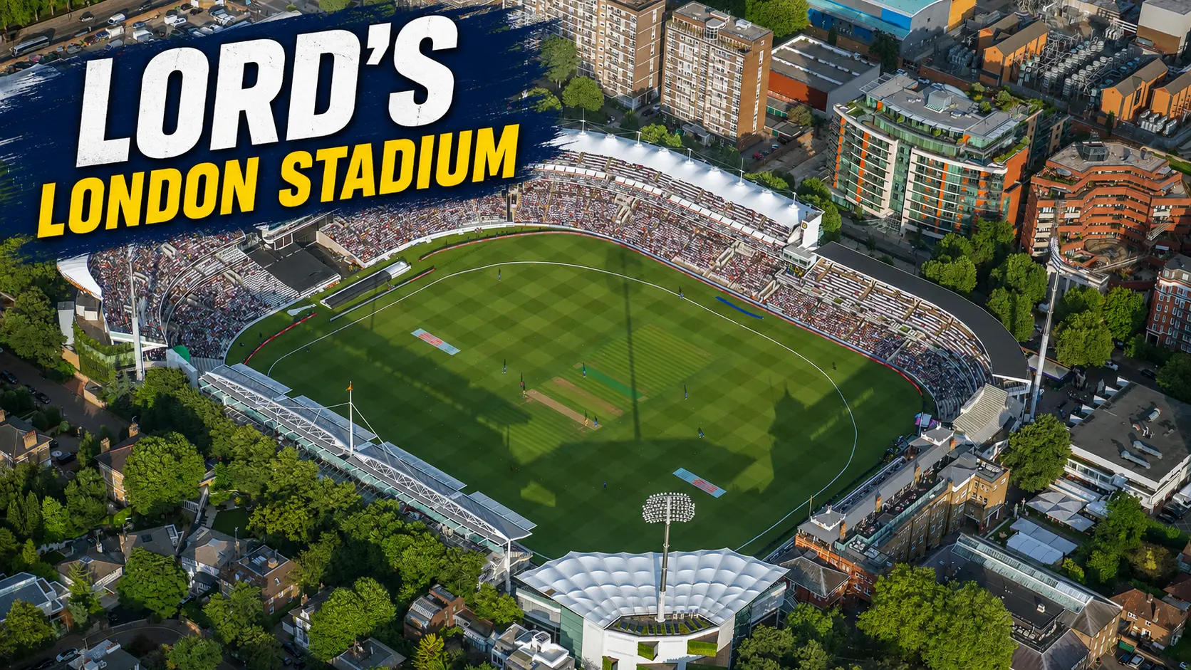 Aerial view of Lord’s Cricket Ground in London showing the cricket pitch, stands, floodlights and surrounding city buildings.
