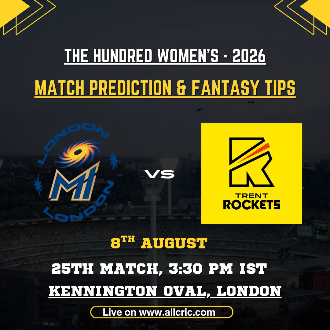 ML-W vs TRT-W Dream11 prediction today match graphic for The Hundred Women’s 2026, featuring MI London and Trent Rockets logos for Match 25 at Kennington Oval, London.