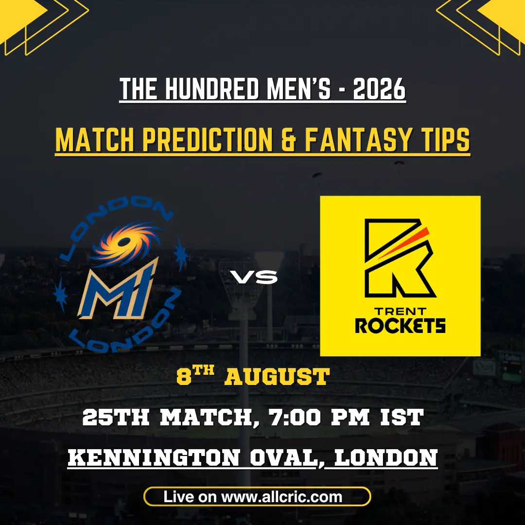 ML vs TRT Dream11 prediction today match graphic for MI London vs Trent Rockets, The Hundred Men’s 2026 Match 25 at Kennington Oval, London.