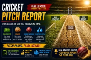 Cricket pitch report guide jisme grass cover, cracks, bounce, moisture, seam movement aur spin turn dikhaya gaya hai, jo match prediction aur toss decision ko impact karte hain.