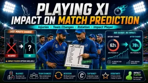 Playing XI impact on match prediction graphic showing how injuries, team changes, rotation, captaincy, debutants and Impact Player substitutions can shift win probability.