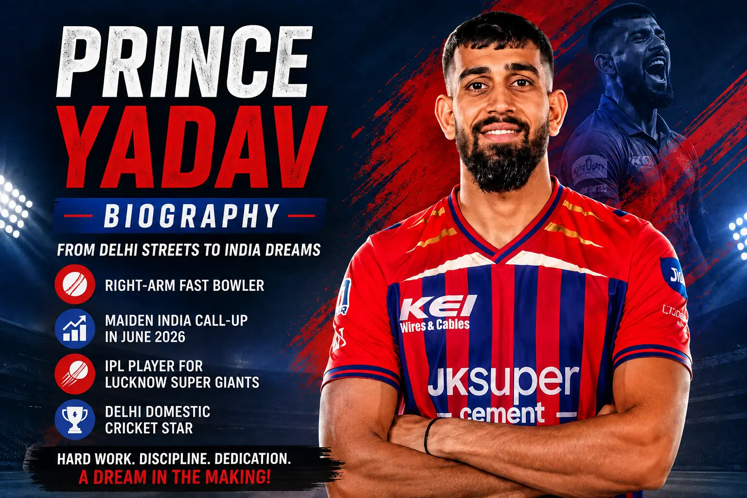 Prince Yadav biography graphic highlighting the Delhi right-arm fast bowler, his June 2026 India ODI debut, Lucknow Super Giants IPL career and domestic rise.