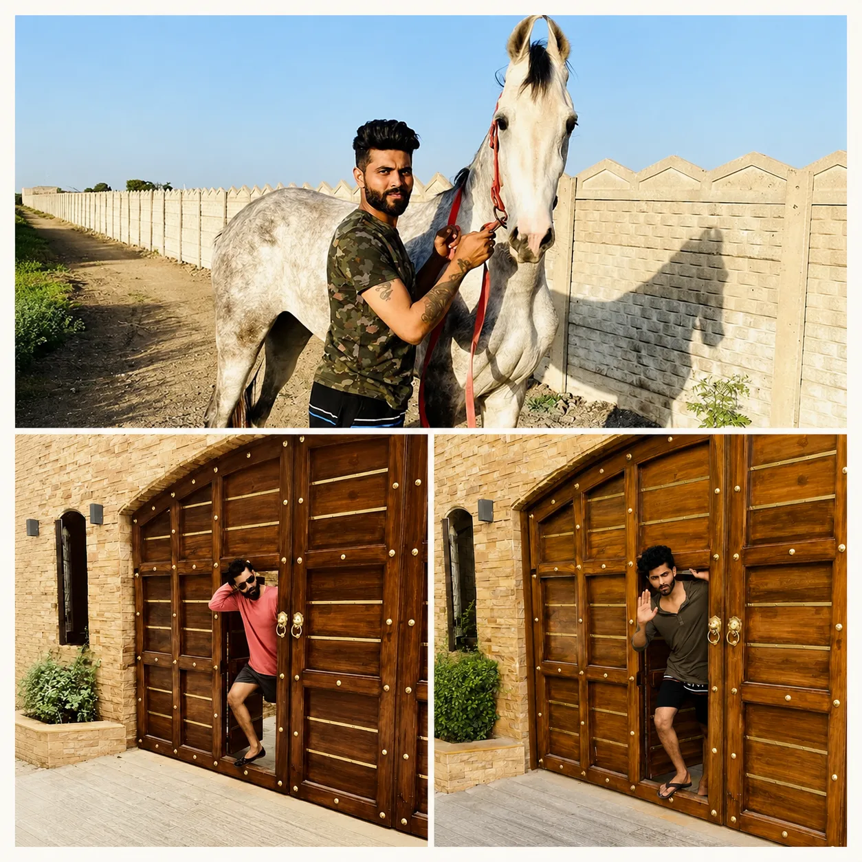 Ravindra Jadeja lifestyle article collage featuring a white horse at a farmhouse and views of a large wooden entrance at his Jamnagar property.
