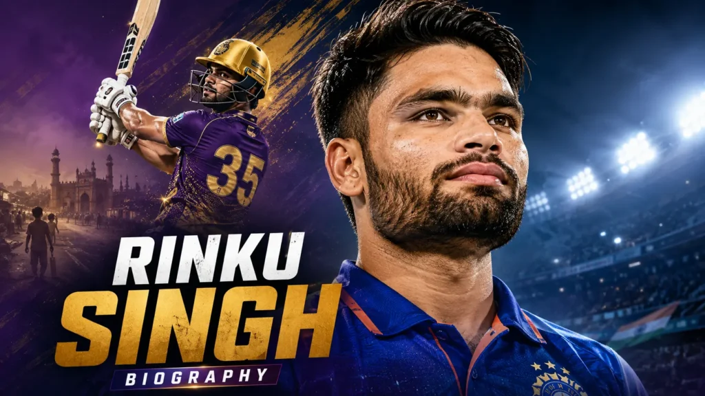 Rinku Singh biography graphic showing the India batter in national colours and playing for Kolkata Knight Riders in jersey number 35.