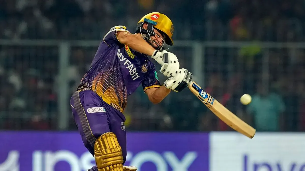 Rinku Singh batting aggressively for Kolkata Knight Riders during an Indian Premier League match.