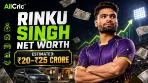 Rinku Singh in Kolkata Knight Riders jersey featured in a Rinku Singh net worth 2026 graphic with an estimated value of ₹20–25 crore, house, car and income growth chart.