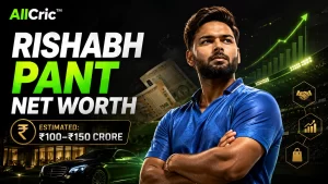 Rishabh Pant net worth 2026 graphic showing the Indian cricketer with estimated wealth of ₹100–150 crore, luxury car, earnings chart and brand deal icons.