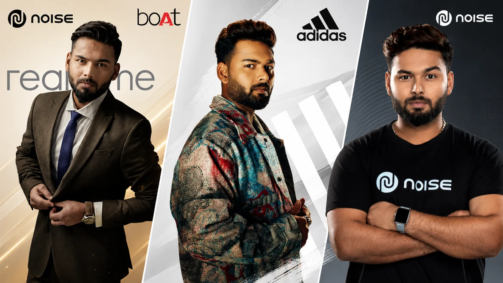 Rishabh Pant featured in a brand endorsement collage with Adidas, boAt, Noise and Realme logos.