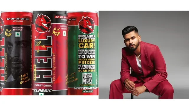 Shreyas Iyer posing beside Hell Energy Drink cans during a brand endorsement campaign.