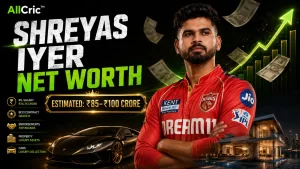 Shreyas Iyer net worth 2026 graphic highlighting his estimated ₹85–100 crore wealth, ₹26.75 crore IPL salary, endorsements, house and luxury cars.