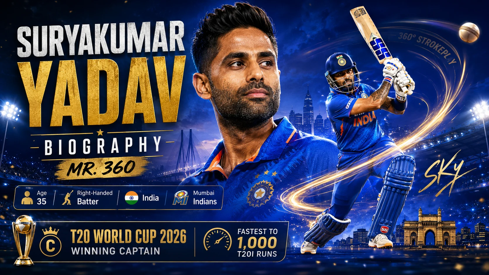 Suryakumar Yadav biography graphic featuring India’s Mr. 360, his batting style, Mumbai Indians career and T20 World Cup captaincy.