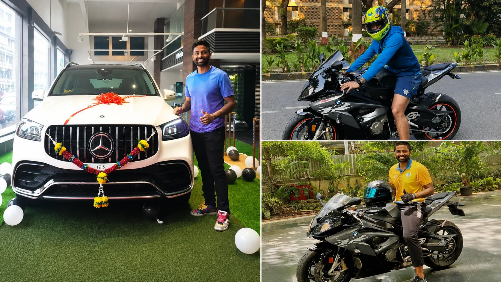 Suryakumar Yadav posing with a Mercedes-Benz GLS and BMW sports bikes from his luxury vehicle collection.