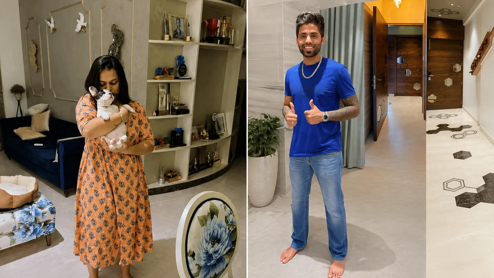 Interior views of Suryakumar Yadav’s luxury Mumbai home featuring modern rooms, elegant décor and trophy displays.
