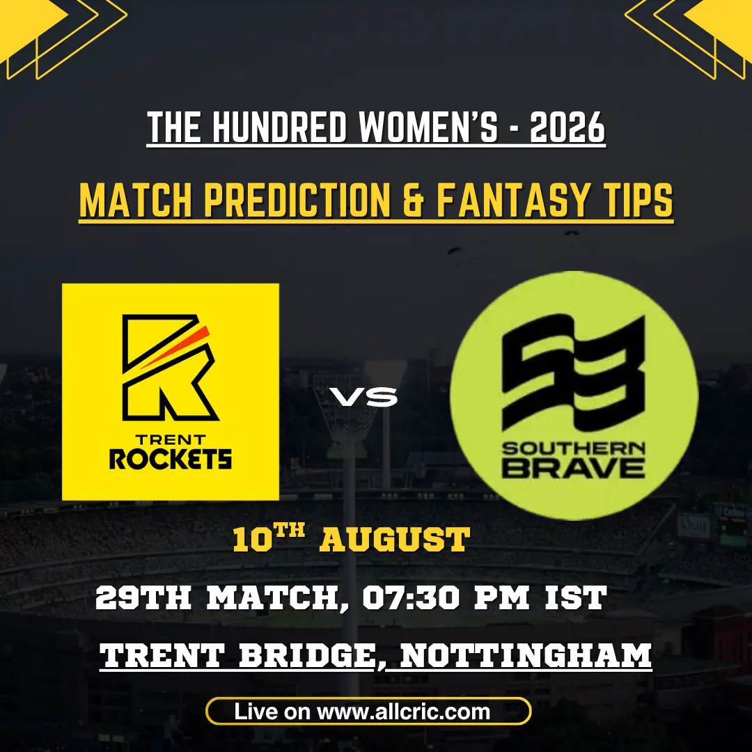 TRT-W vs SOB-W Dream11 prediction today match graphic featuring Trent Rockets Women vs Southern Brave Women in The Hundred 2026 at Trent Bridge, Nottingham.