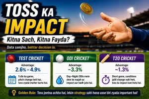 Cricket toss impact graphic showing Test cricket mein 2.6%–4.9%, ODI mein around 3.3% aur T20 mein around 1.3% advantage, explaining ki pitch, dew aur match format toss ki value ko affect karte hain.