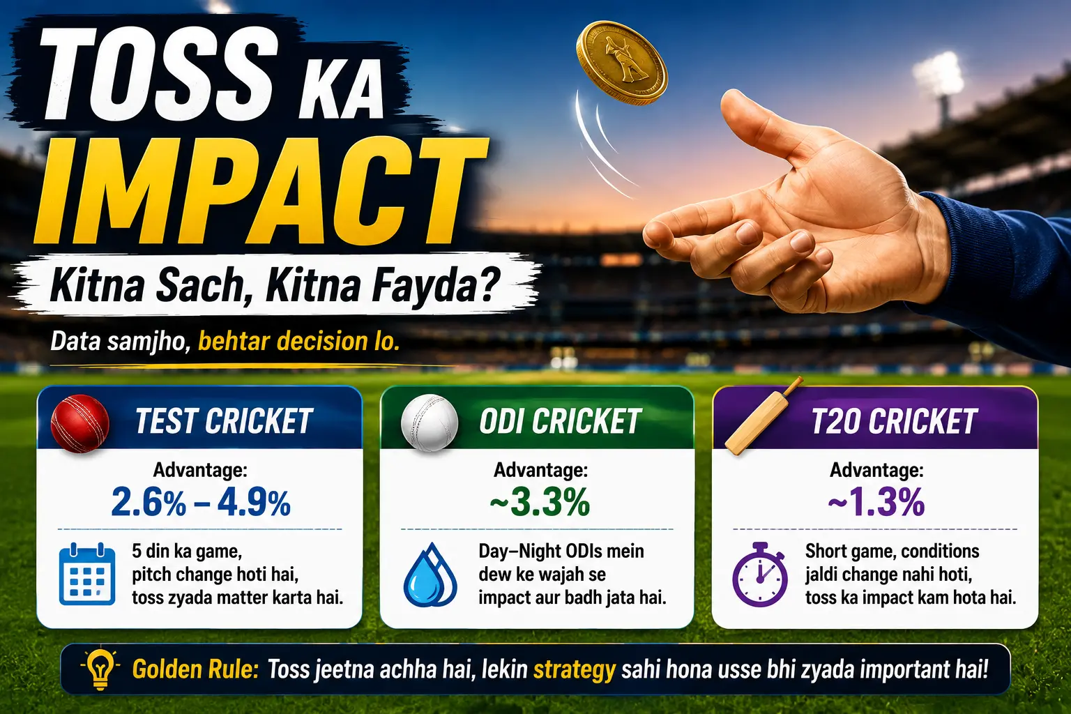 Cricket toss impact graphic showing Test cricket mein 2.6%–4.9%, ODI mein around 3.3% aur T20 mein around 1.3% advantage, explaining ki pitch, dew aur match format toss ki value ko affect karte hain.
