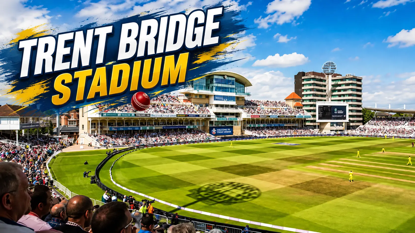 Wide view of Trent Bridge Cricket Ground in Nottingham under a bright blue sky, showing the green cricket field, central pitch, stands, spectators, and floodlights.