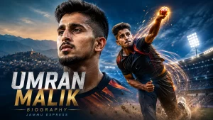 Umran Malik biography graphic showing the Jammu Express in a close-up portrait and fast-bowling action inside a floodlit cricket stadium.