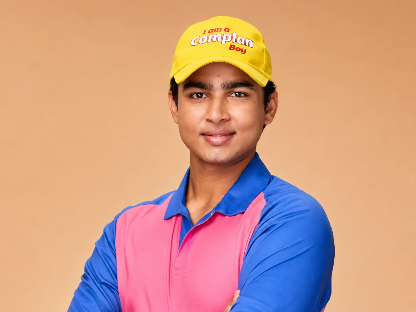Young cricketer wearing a yellow “I am a Complan Boy” cap and pink-and-blue cricket shirt, illustrating the endorsement section of a Vaibhav Suryavanshi net worth 2026 article.