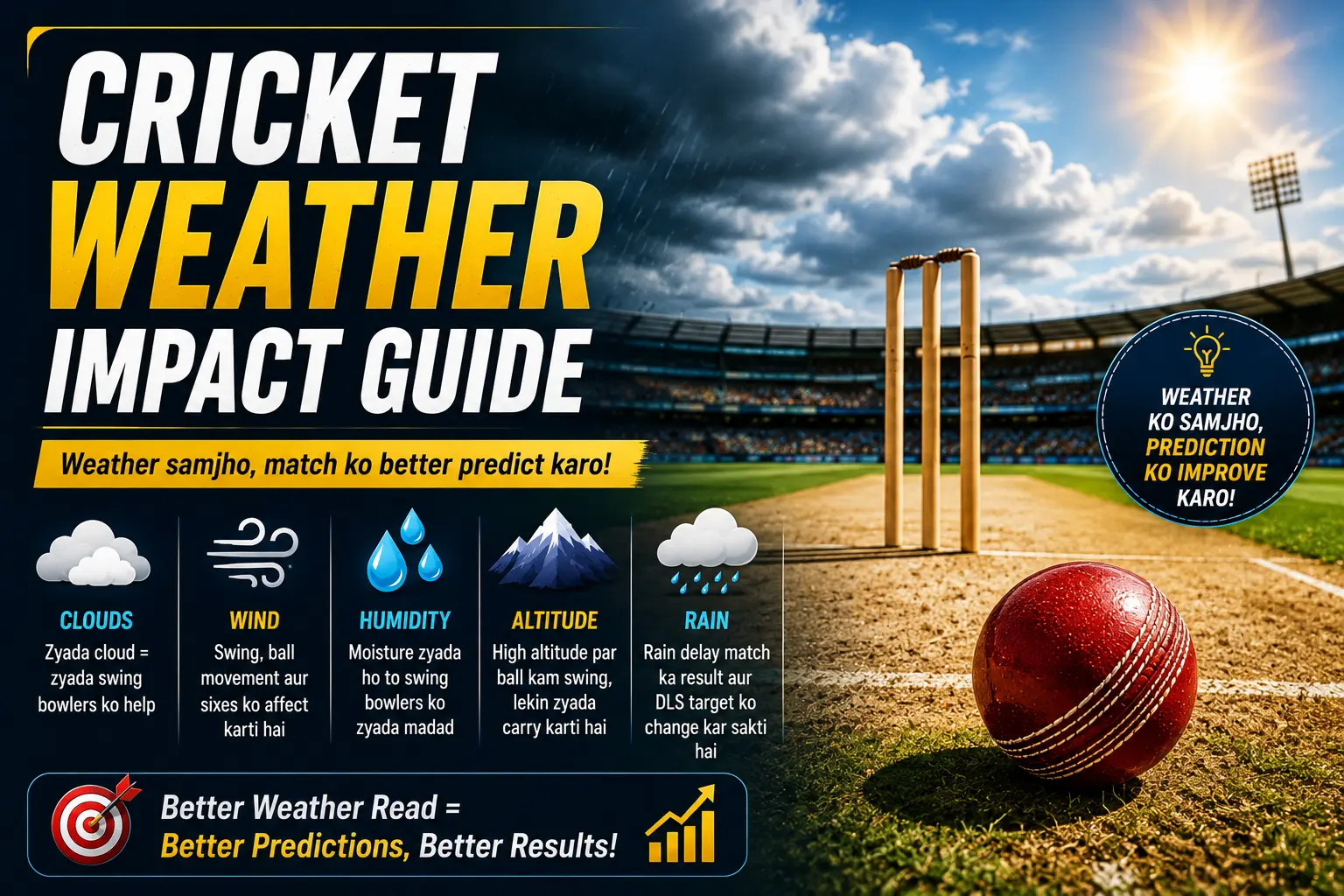 Cricket weather impact guide jahan clouds, wind, humidity, altitude aur rain ka swing, ball movement, scoring conditions aur DLS par effect dikhaya gaya hai.