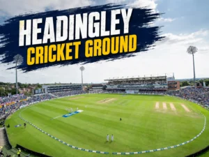 Wide view of Headingley Cricket Ground in Leeds, showing the green cricket field, central pitches, packed stands, floodlights, and “Headingley Cricket Ground” text overlay.