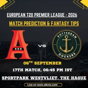 ADF vs RDD today match prediction graphic for Amsterdam Flames vs Rotterdam Dockers, ETPL 2026 Match 17 at Sportpark Westvliet, featuring ADF vs RDD fantasy tips and fantasy team preview.
