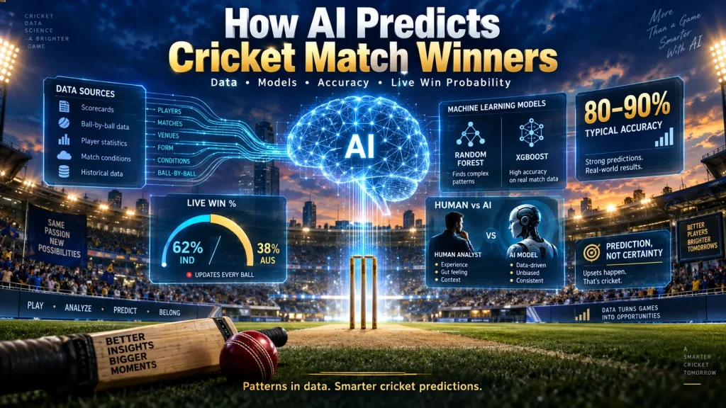 රාත්‍රී ආලෝකයෙන් දිදුලන ක්‍රිකට් ක්‍රීඩාංගණයක “How AI Predicts Cricket Match Winners” යන ශීර්ෂය සහිත ඉන්ෆොග්‍රැෆික් එකක්. මධ්‍යයේ AI මොළයක් පෙන්වා ඇති අතර, වම්පස ලකුණු පත්‍ර, පන්දුවෙන් පන්දුවට දත්ත, ක්‍රීඩක සංඛ්‍යාලේඛන, තරග තත්ත්ව සහ ඓතිහාසික දත්ත වැනි ආදාන පෙන්වයි. දකුණුපස Random Forest සහ XGBoost වැනි යන්ත්‍ර ඉගෙනීමේ ආකෘති, 80–90% සාමාන්‍ය නිරවද්‍යතා පරාසයක් සහ “Prediction, not certainty” යන සටහන ඇත. පහළින් ඉන්දියාවට 62% සහ ඕස්ට්‍රේලියාවට 38% ලෙස සජීවී ජයග්‍රහණ සම්භාවිතාවක් පෙන්වා, සෑම පන්දුවකටම එය යාවත්කාලීන වන බව දක්වයි.