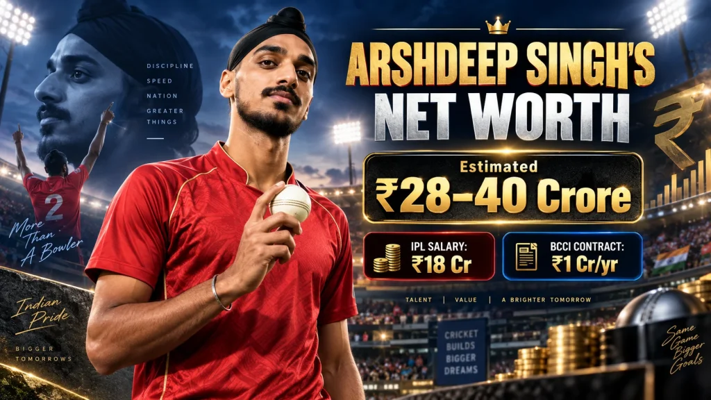 Arshdeep Singh net worth 2026 graphic showing an estimated ₹28–40 crore valuation, ₹18 crore IPL salary and ₹1 crore annual BCCI Grade C contract.